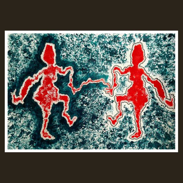 A Thread Between Us. Two red figures reach for each other across a sea of teal, joined by a line so thin it might snap.