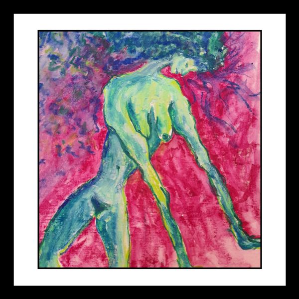 Alien Body. A green figure folds forward against hot pink, hair spilling into blue and violet.