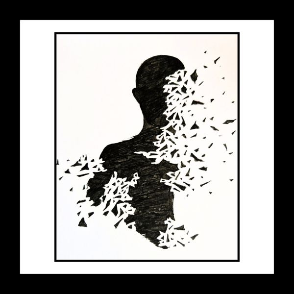 Becoming Apart. A solid black silhouette breaks into shards that scatter across the white.