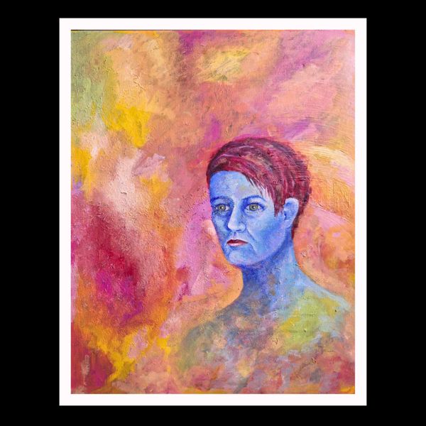 Blue Mood. A blue face with deep red hair, steady and serious, surrounded by warm, hazy colour.