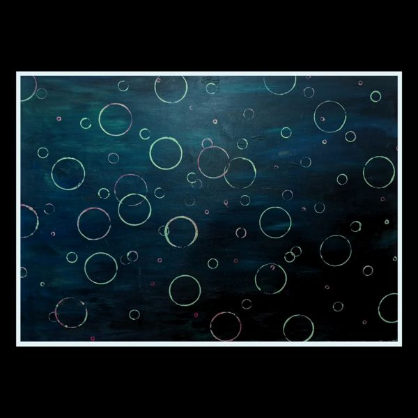 Bubbles. Rings of soft pink and green rise through deep teal like bubbles in dark water.