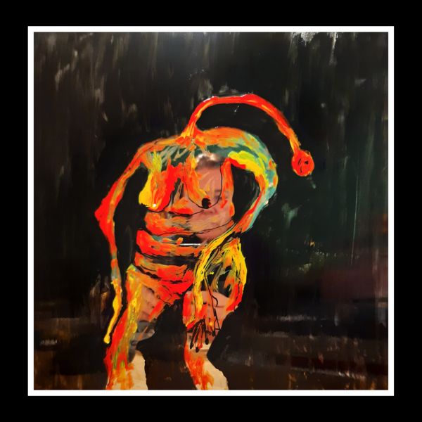 Burning. A figure blazes in poured orange, red and yellow against the dark.