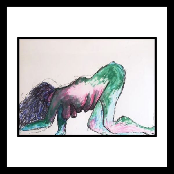 Crawl. A figure on hands and knees, hair spilling forward, body washed in greens and pinks.