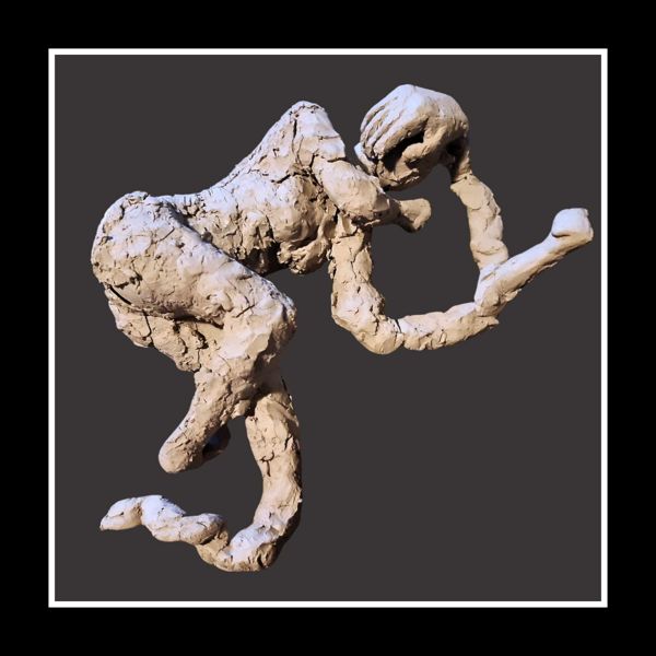 Crouched. A clay figure folded tight, limbs wrapped and twisted around itself.