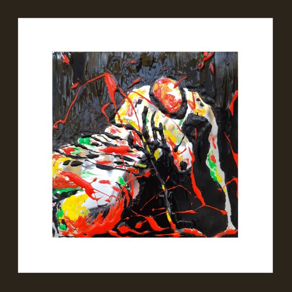 Curled In. A figure folds in on itself under glossy pours of black, red and yellow.