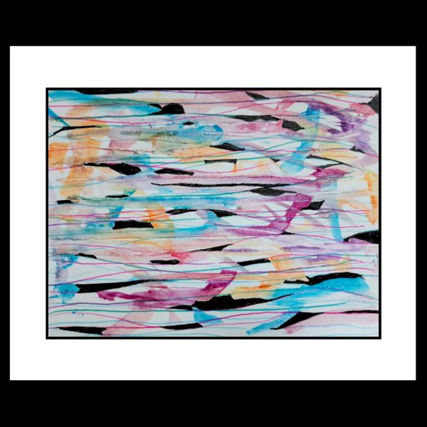 Currents. Washes of turquoise, magenta and orange stream across the page, threaded with fine lines and broken by dark shards.