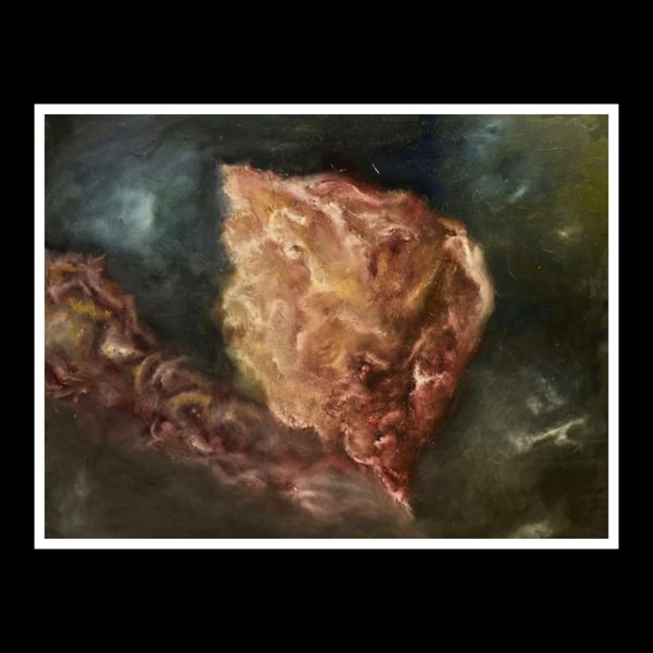 Drift. A glowing rock floats in the dark, trailing red dust behind it.