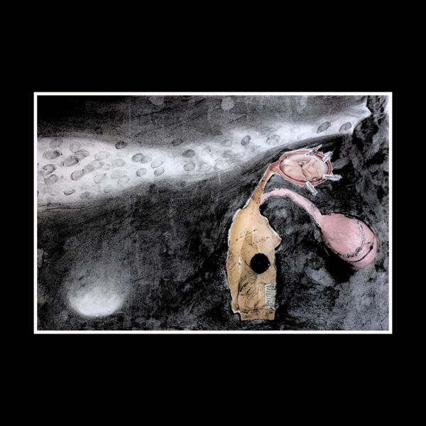 Fingerprint Beginnings. Charcoal darkness covered in smudged fingerprints, and a collaged figure with something growing inside.
