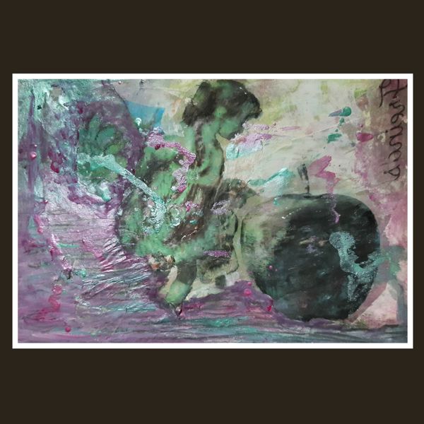 Friends. Two different-sized, soft, half-formed figures stand beside a dark apple, colours layered and scraped back.