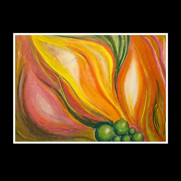 Gentle Flowing Energy. Flame-like folds of yellow, orange and pink curl around a cluster of green spheres.