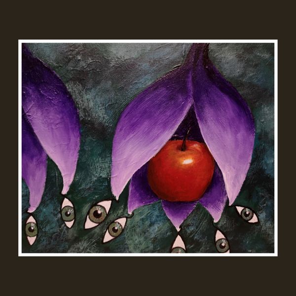 Guarding Eyes. Purple petals hang like a cradle around a single red apple, and beneath them, eyes.