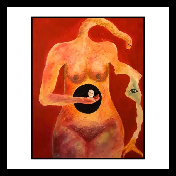 Held Within Watching Out. A figure in warm reds with a snake head carries a dark opening at her centre, and inside it, a hand cradling a tiny face.