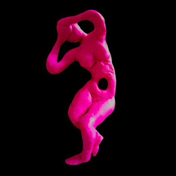 Hollow. A bright pink figure, curved and twisting, with a hole right through the abdomen.