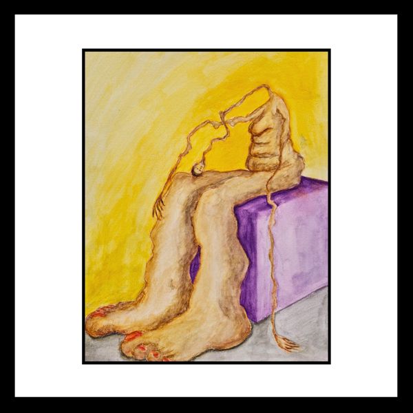Huge Heavy Feet. A figure sits on a purple block, with an extended, stretched, spindly neck and a tiny head at the end as if bowed, feet grown huge and heavy beneath her.