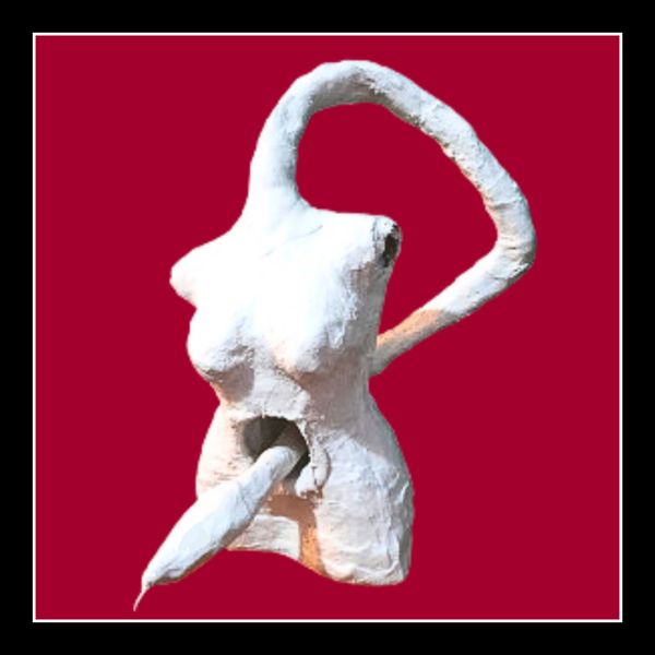 Inner Serpent. A white torso with the neck arching above, then behind and down, before reaching into the back and emerging through the hole in the abdomen.