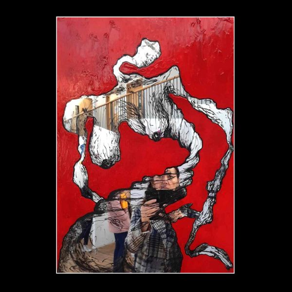 Intraconnected. An abstract contorted figure drawn in fine black line, surrounded by thick red glossy paint.