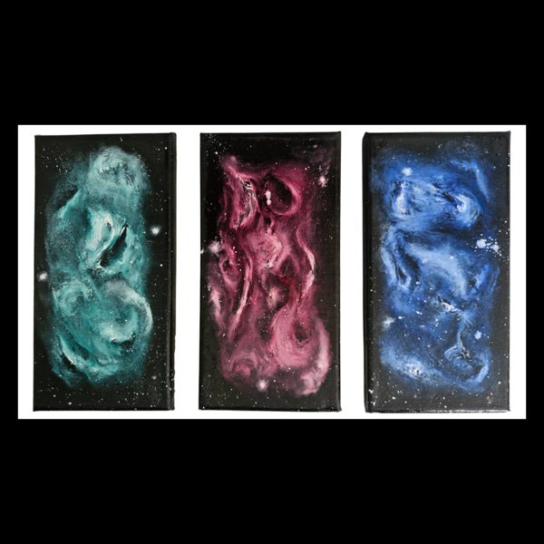 Kindred Clouds. Three small nebulae in teal, rose and blue.