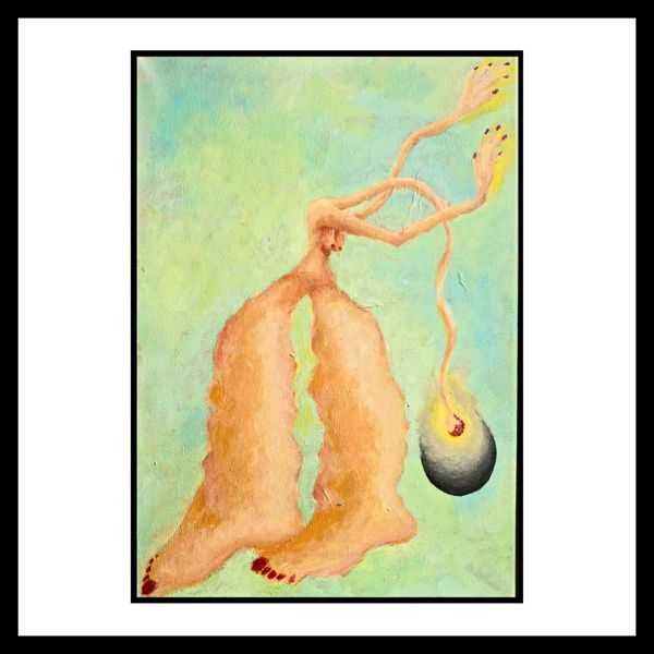 Long Reach. Heavy legs rooted to the ground, arms and neck stretched impossibly long, the neck bending downward toward a small glowing orb.