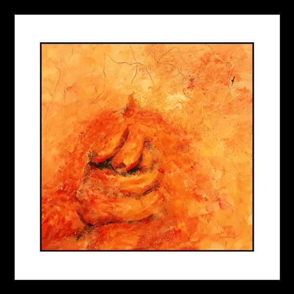 Nested. A figure curls into itself, almost disappearing into warm, cracked oranges.