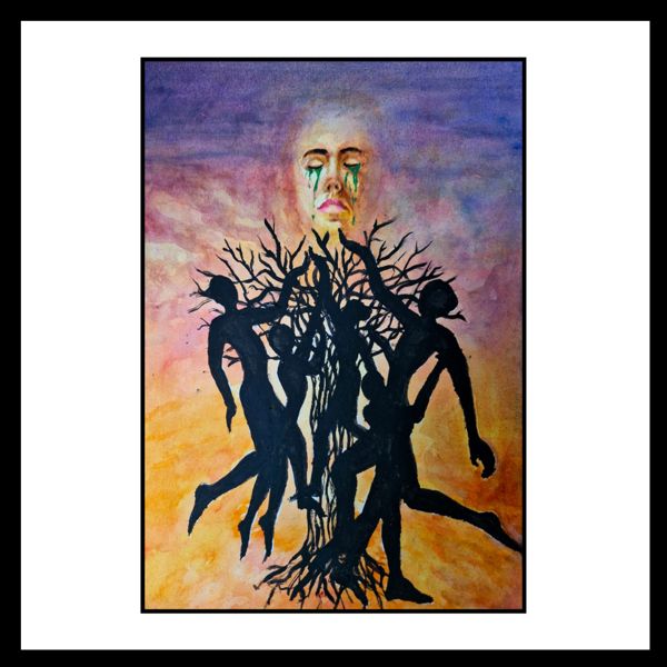 Observing Roots. A face cries quietly at the top while dark figures run out of a tangle of roots below.