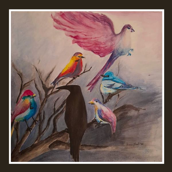 Odd One Out. A branch of bright, feathered birds, a pink dove taking off, and one black crow standing in the middle of it all.