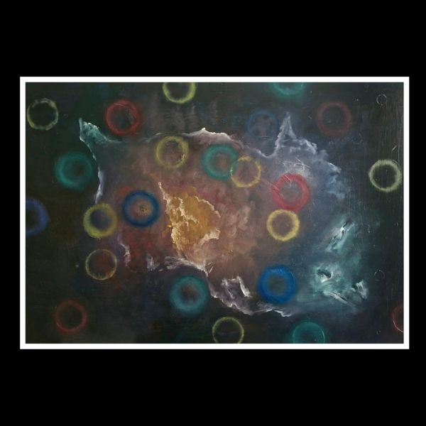 Orbits. Rings of colour float around a cloud of space dust.