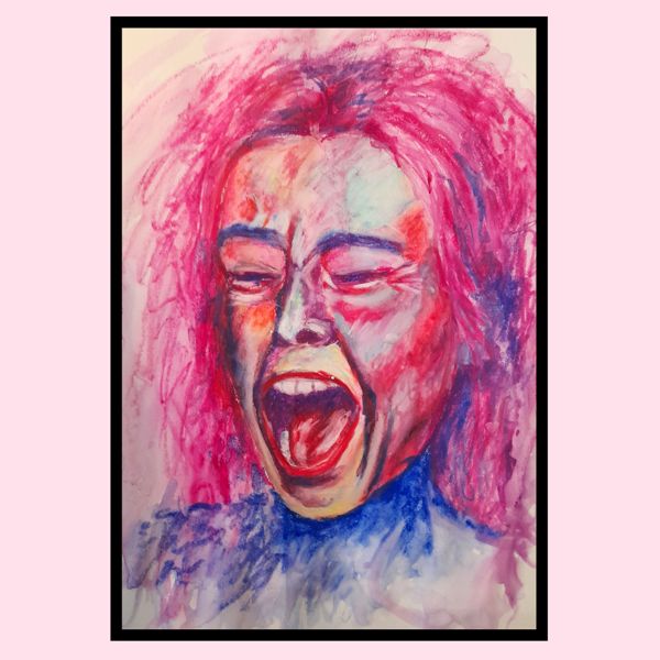 Out Loud. Pinks and blues pushed hard into the paper, mouth wide open.