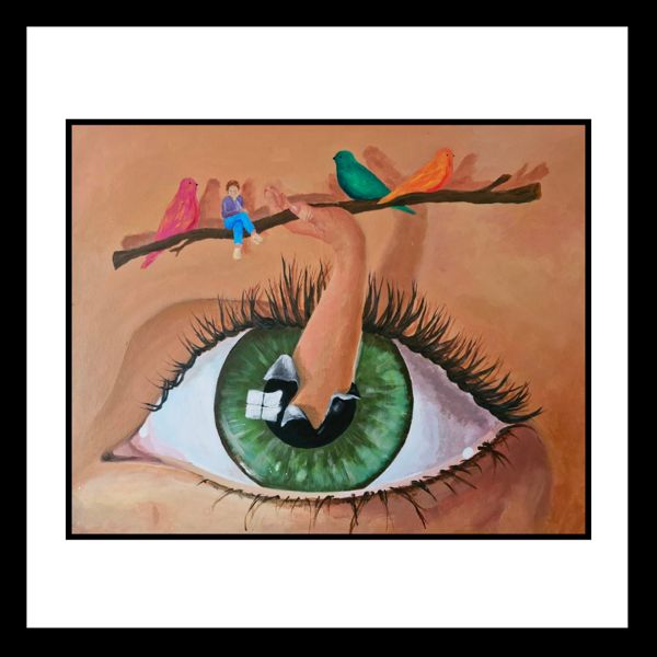 Perch. A hand pushes up through the pupil of a huge green eye, holding a branch where bright birds and one small person sit.