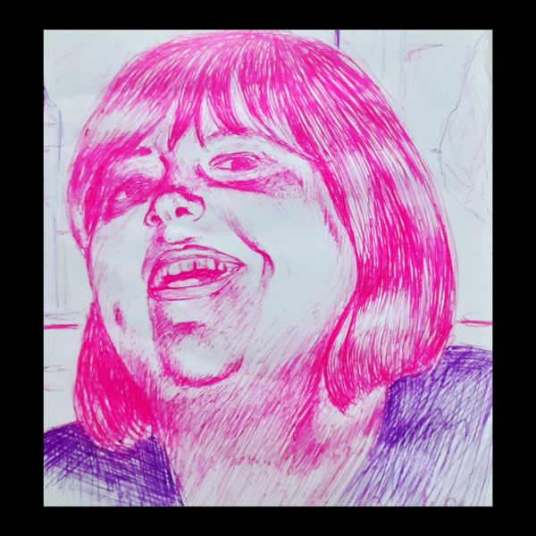 Pink Friends. Head thrown back, mid-laugh, built entirely from scribbled lines of pink and purple biro.