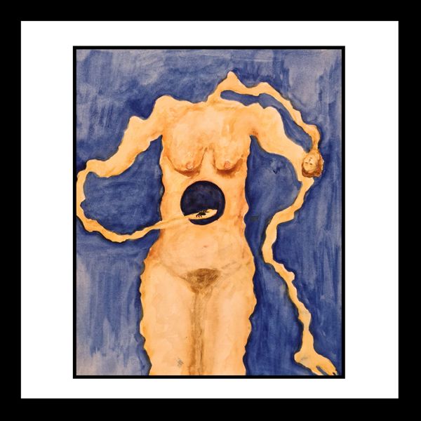 Reaching Inside. An abstract figure against deep blue with a dark circle at her centre.