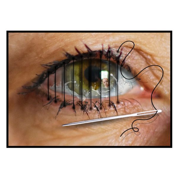 Repressed Vulnerability / Letting Go. An eye stitched with black thread, a needle resting below.
