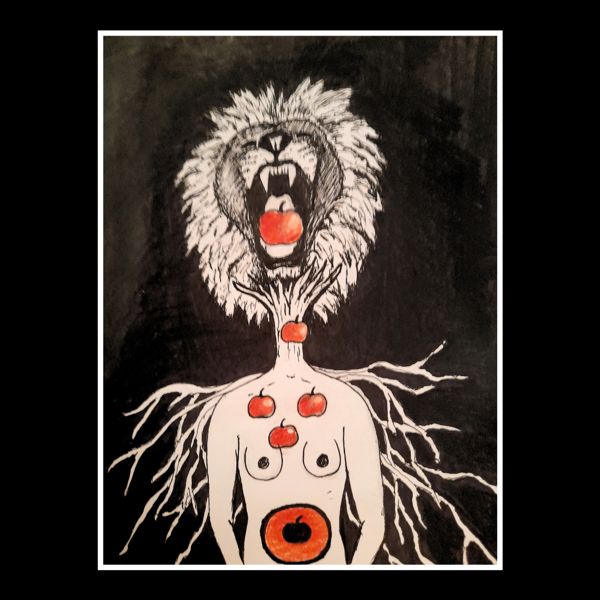 Roar. A lion's head roars with an apple caught in its jaws.