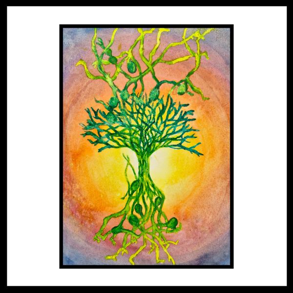 Rooted in Light. A tree glows against a rising sun, and if you look closely there are figures curled in its branches and roots.