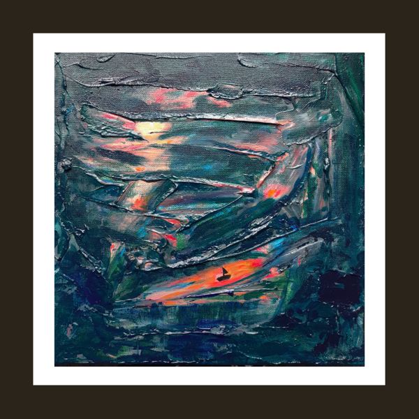 Small Boat, Big Seas. Thick, ridged paint builds a restless sea, and right in the glow of the sunset sits one tiny boat.