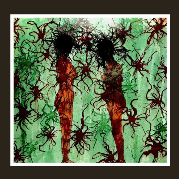 Tangled Minds. Two figures stand side by side, their heads lost in dark blooms that spread into the green around them.