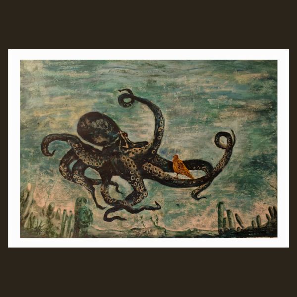 This Octopus is Huge. An octopus drifts through murky green water with a small golden bird resting on one tentacle.