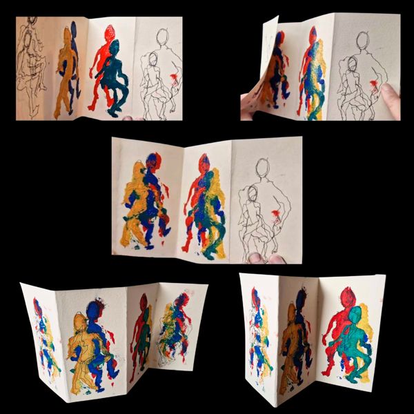 Together, Apart (concertina book). A small folding book of figures printed in bold primary colours, layered over and under fine continuous-line drawings and printed onto and into each other.
