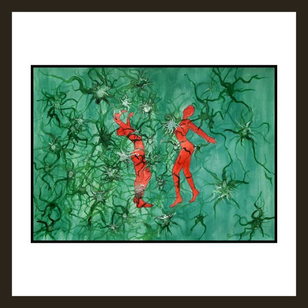 Untangling the Tangle. Two red figures move through a field of green star-shaped growths, glints of silver caught in the knots.