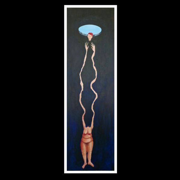 Up Up and Away. At the bottom, a headless figure stretches her arms impossibly long to catch her head.
