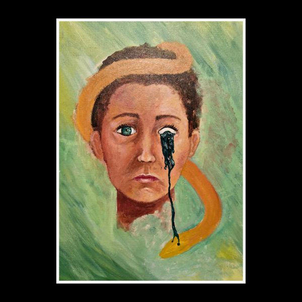 Weeping Greens. A young woman looks straight out at you, one clear eye and one weeping green as her pupil melts.