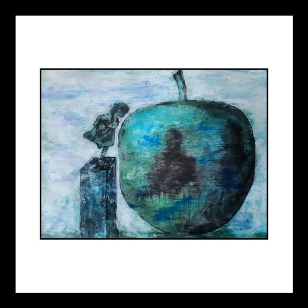 What Looms. A small figure stands on a pillar, face to face with an enormous apple.